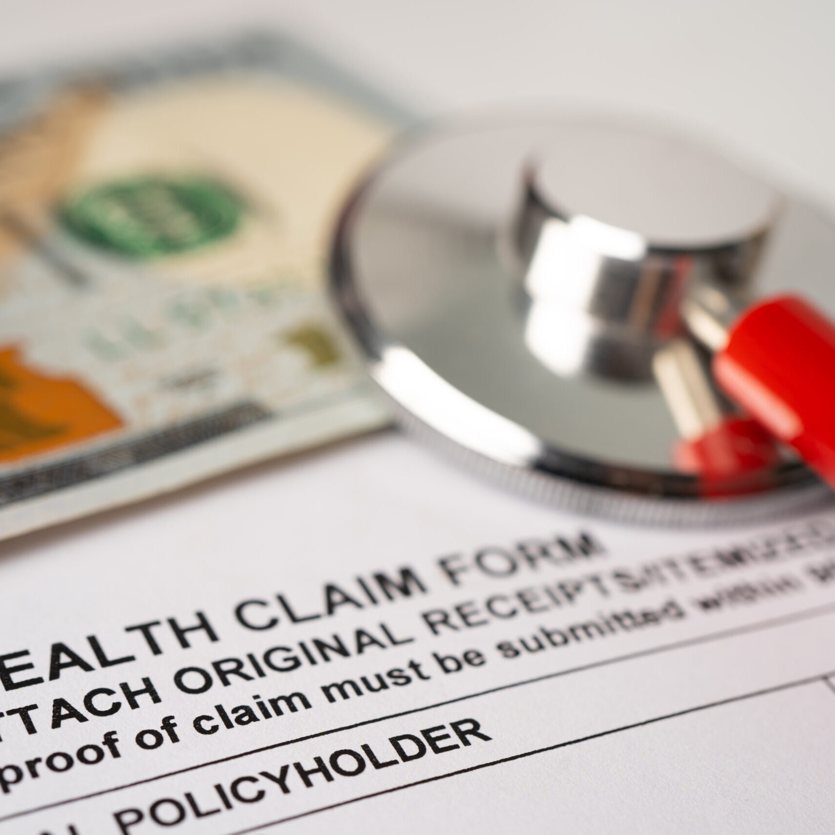 Health insurance accident claim form with stethoscope, Medical concept.